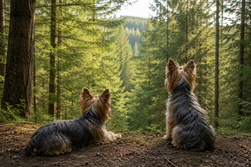 dos perros yorkies viendo el bosque
